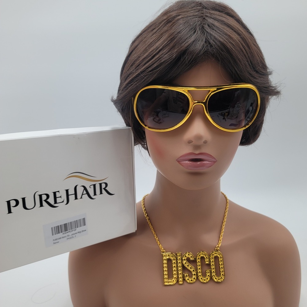 PureHair 70s Retro Costume Wig Brown Disco Sunglasses Mustache Necklace Set
